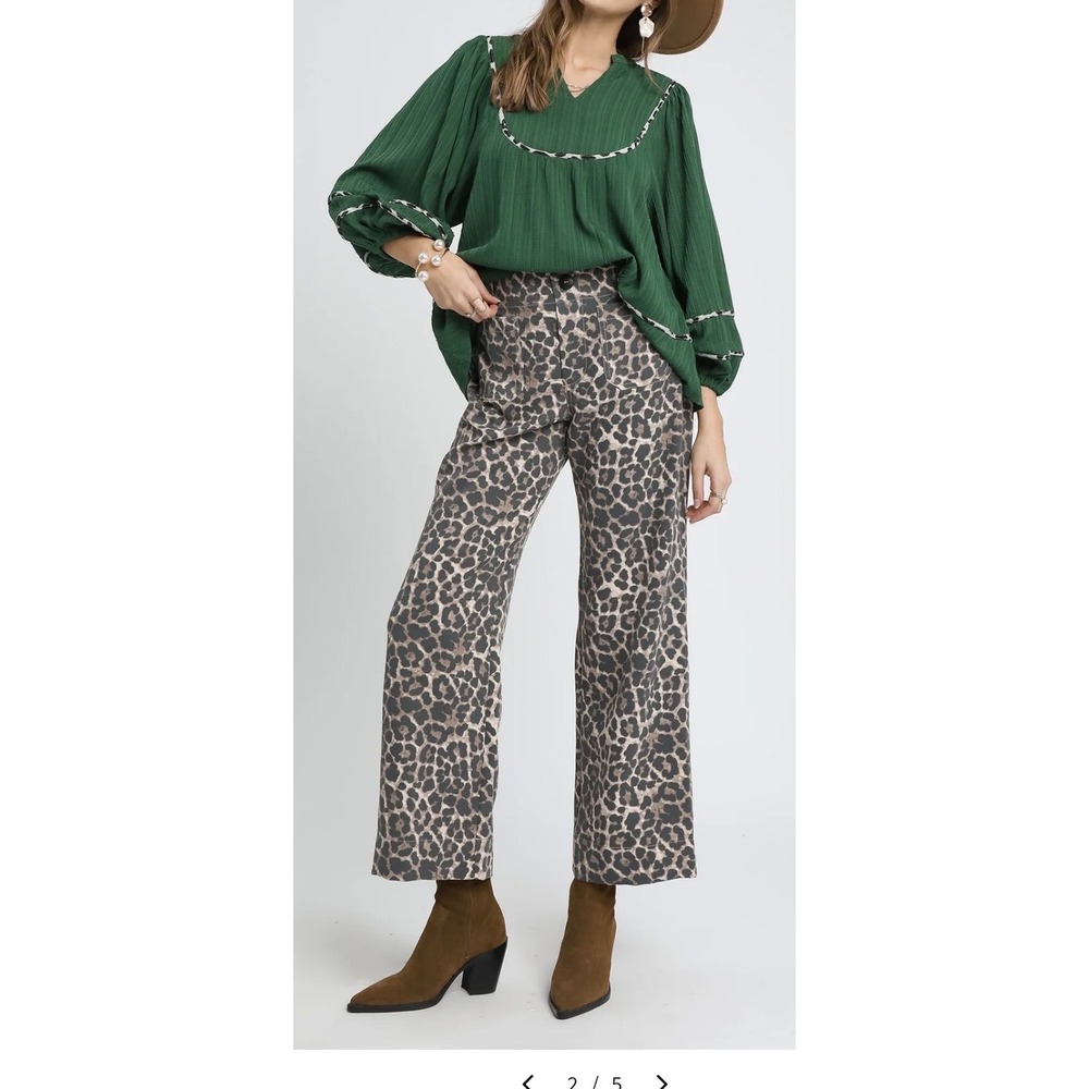 Umgee Leopard Print Wide Leg Pants Womens Small High Rise Animal Print Brown